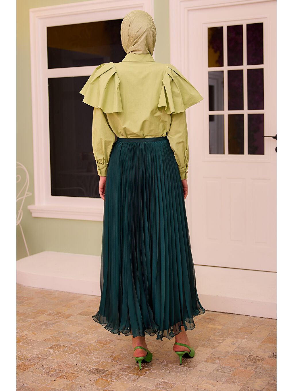 Kadın Fermuar Detaylı Şifon Etek Yeşil-4