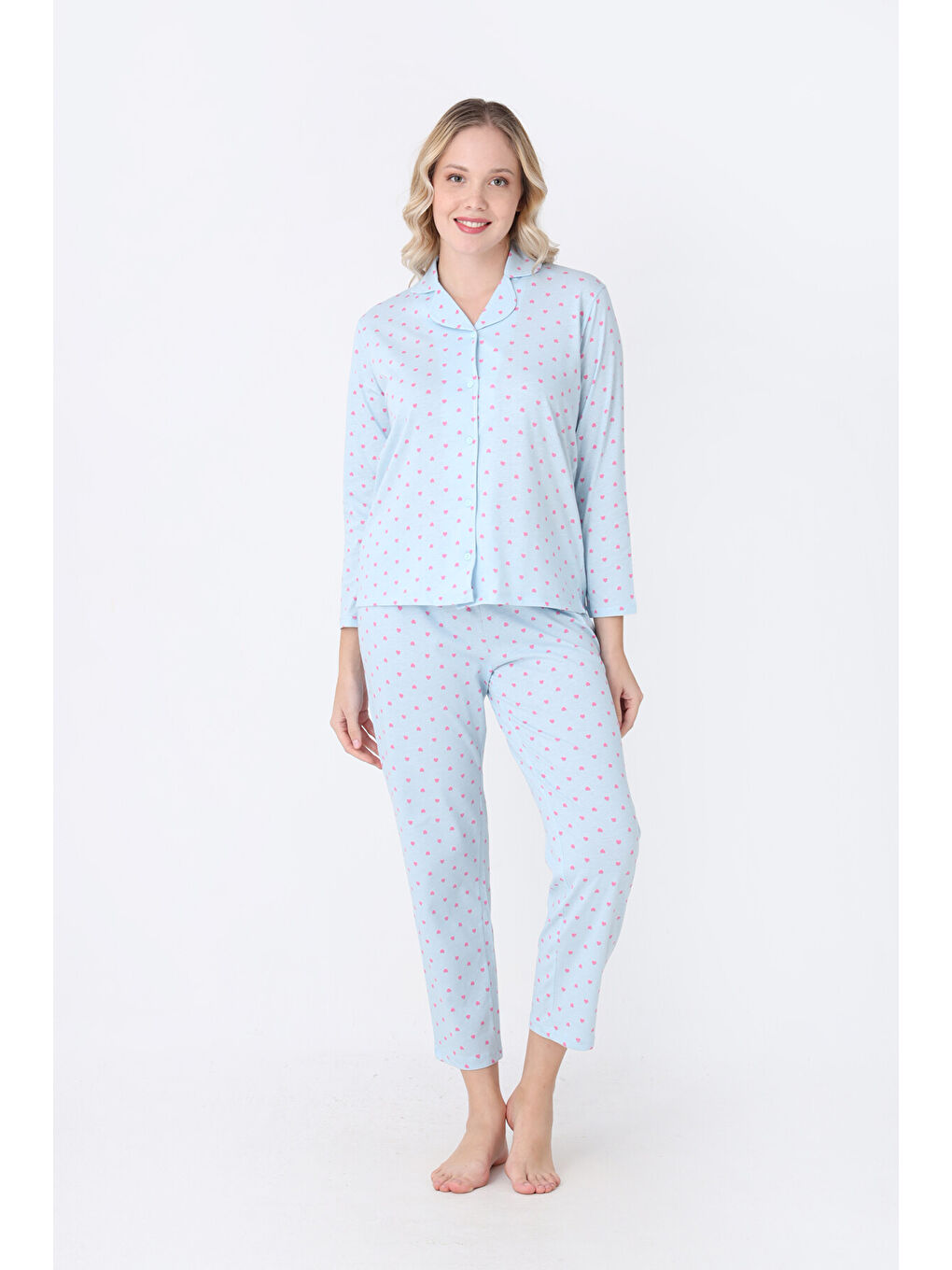 Mavi Hearts Önden Düğmeli Pijama Takım-1