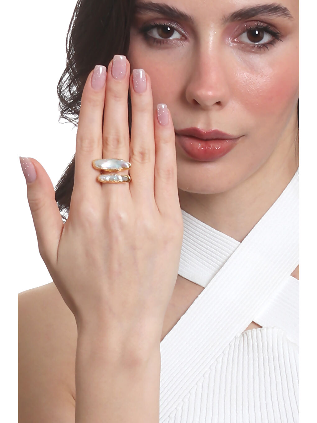 Sarı Kadın İki Telli El Yapımı Tasarım İnci Yüzük-1