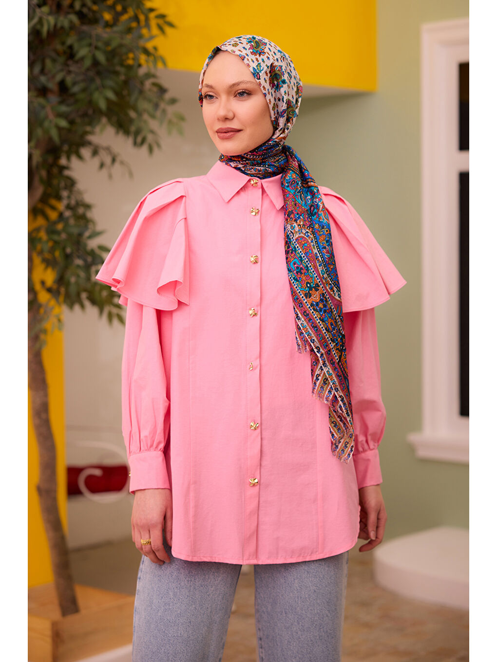 Kadın Kolları Valonlu Düğme Detaylı Gömlek Pembe-1