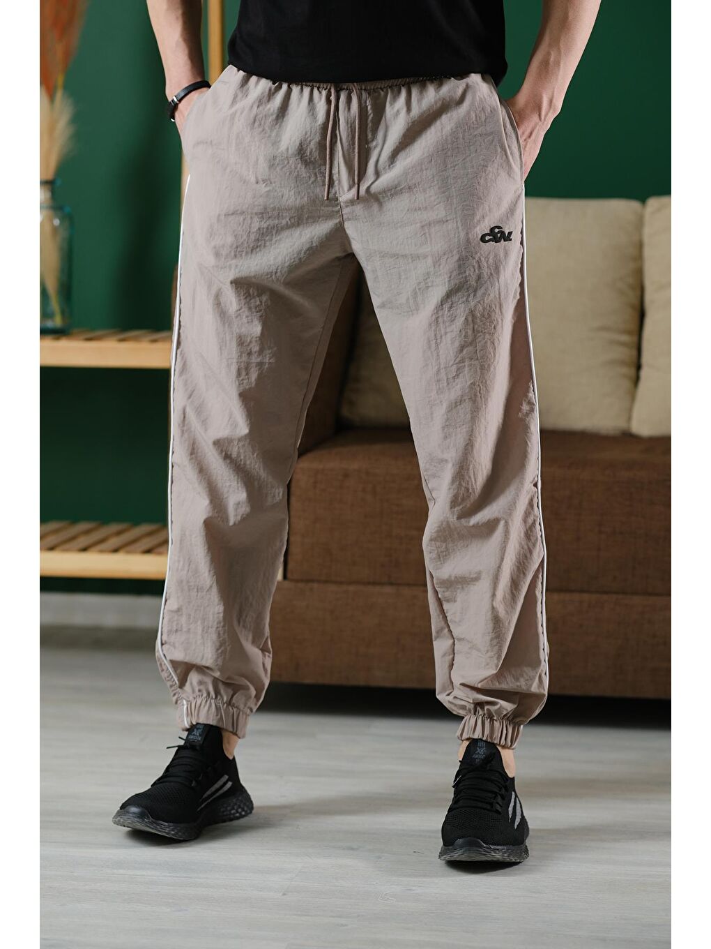 Bej Ccw Paçası Lastikli Kort Paraşüt Şeritli Outdoor Erkek Eşofman Alt-2