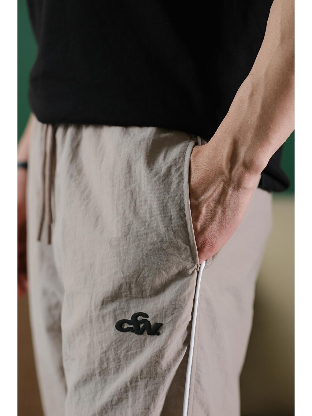 Bej Ccw Paçası Lastikli Kort Paraşüt Şeritli Outdoor Erkek Eşofman Alt-3