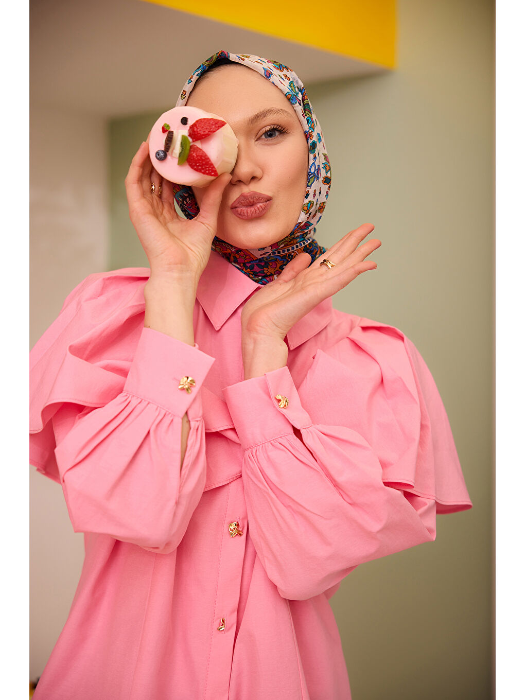 Kadın Kolları Valonlu Düğme Detaylı Gömlek Pembe-2