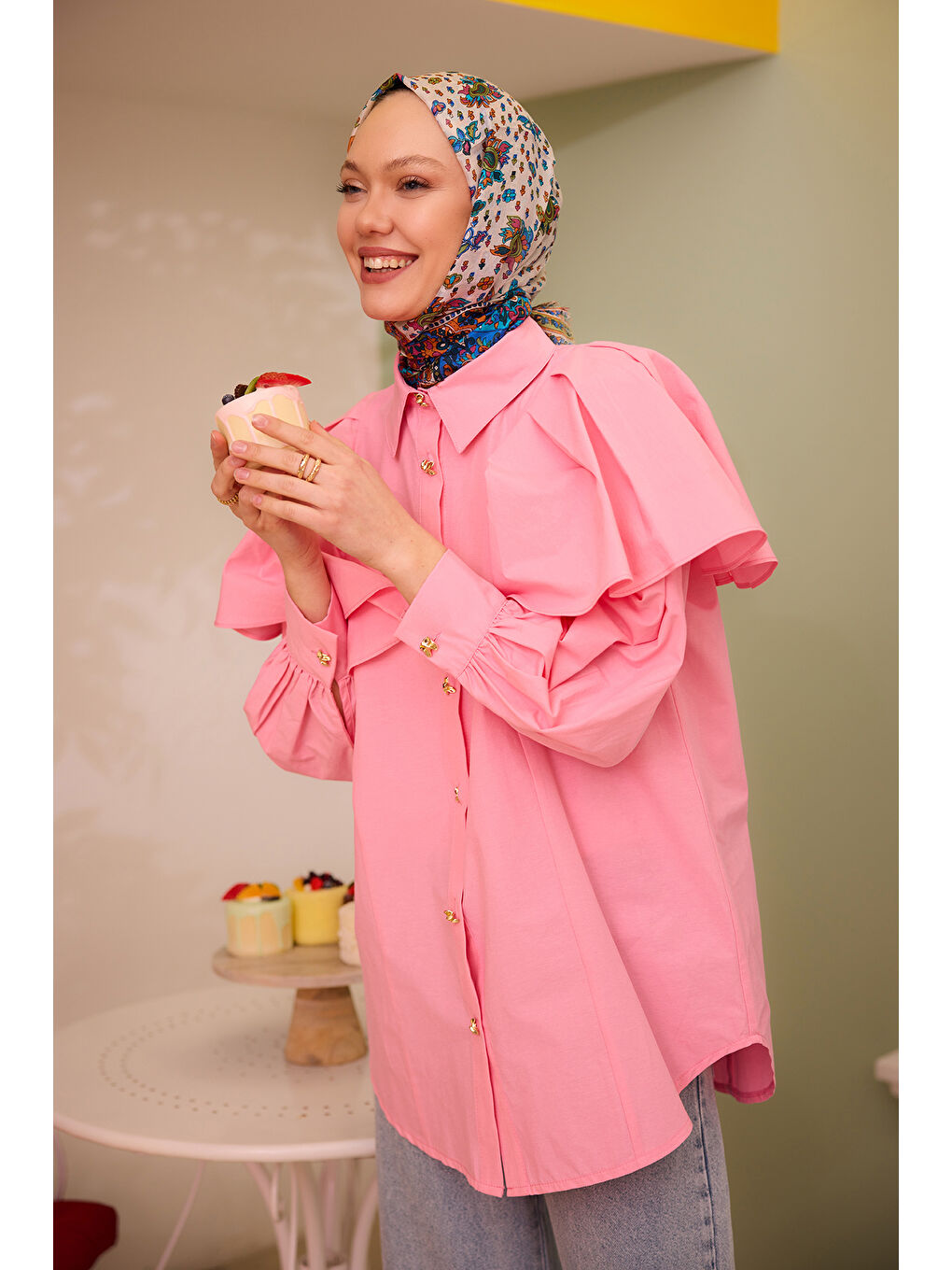 Kadın Kolları Valonlu Düğme Detaylı Gömlek Pembe-3