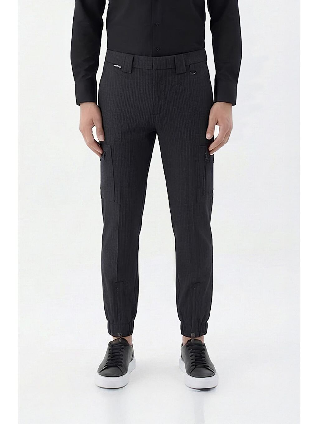 Giotelli Erkek Regular Fit Siyah Dokuma Kumaş Lastikli Paça Kargo Jogger Pantolon-1