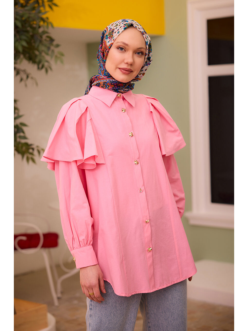 Kadın Kolları Valonlu Düğme Detaylı Gömlek Pembe-4