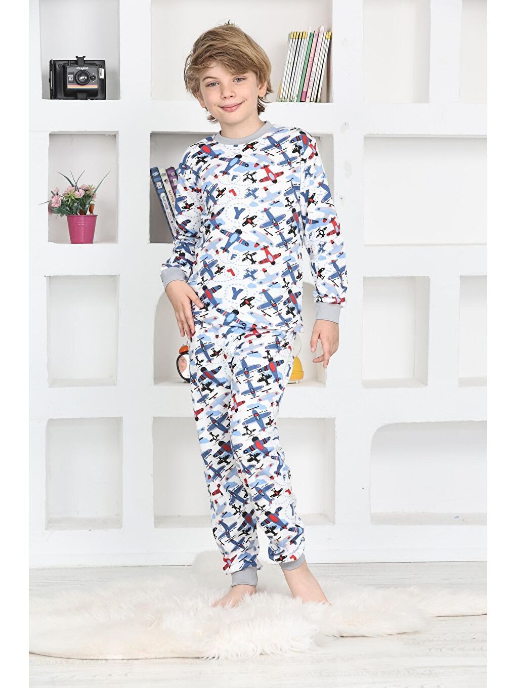 Kapi Kids Beyaz Erkek Çocuk Uçak Baskılı Pijama Takımı 1-11 Yaş 4924-26 - 4