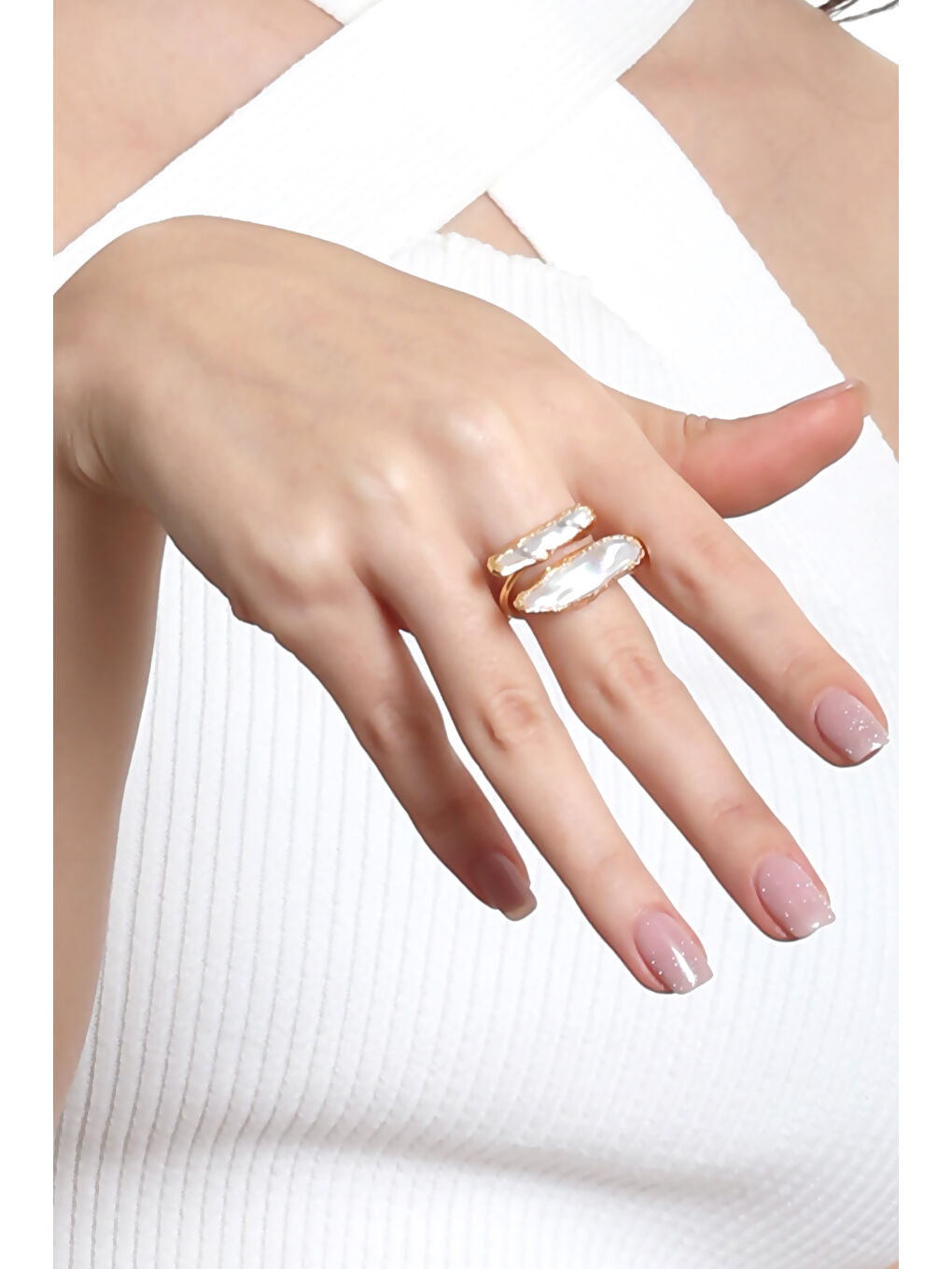 Sarı Kadın İki Telli El Yapımı Tasarım İnci Yüzük-3