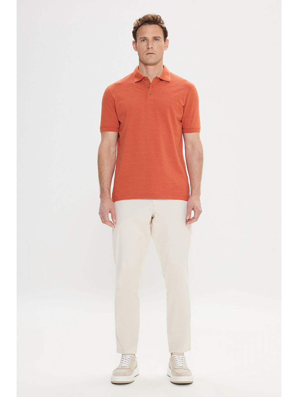 Kahverengi Erkek Kiremit Slim Fit Dar Kesim %100 Pamuk Jakarlı Polo Yaka Tişört-1