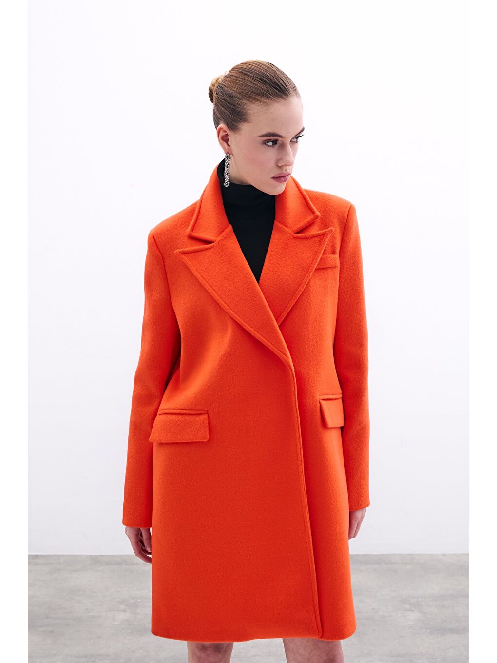 Turuncu Cepli Kaşe Kaban - Oranj-4