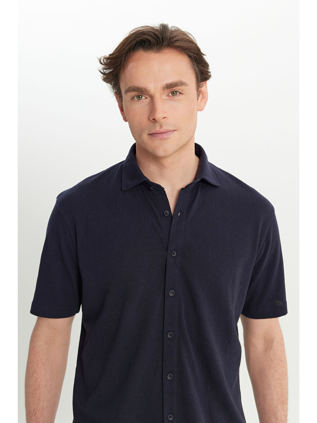 Erkek Lacivert Pamuklu Comfort Fit Rahat Kesim Klasik Yaka Örme Gömlek-3