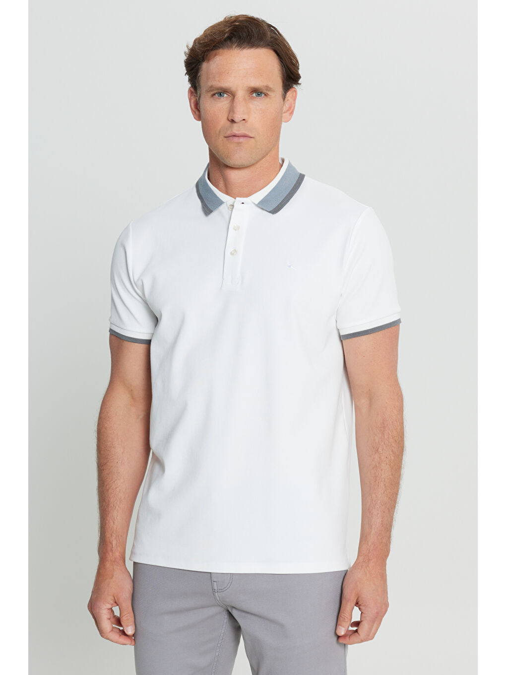 Erkek Beyaz Pamuklu Slim Fit Dar Kesim Polo Yaka Esnek Tişört-2