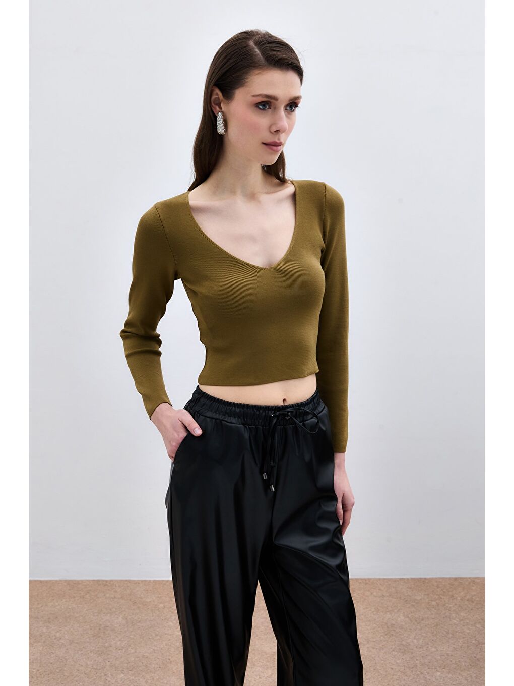 V Yaka Crop Triko - Küf Yeşili-2