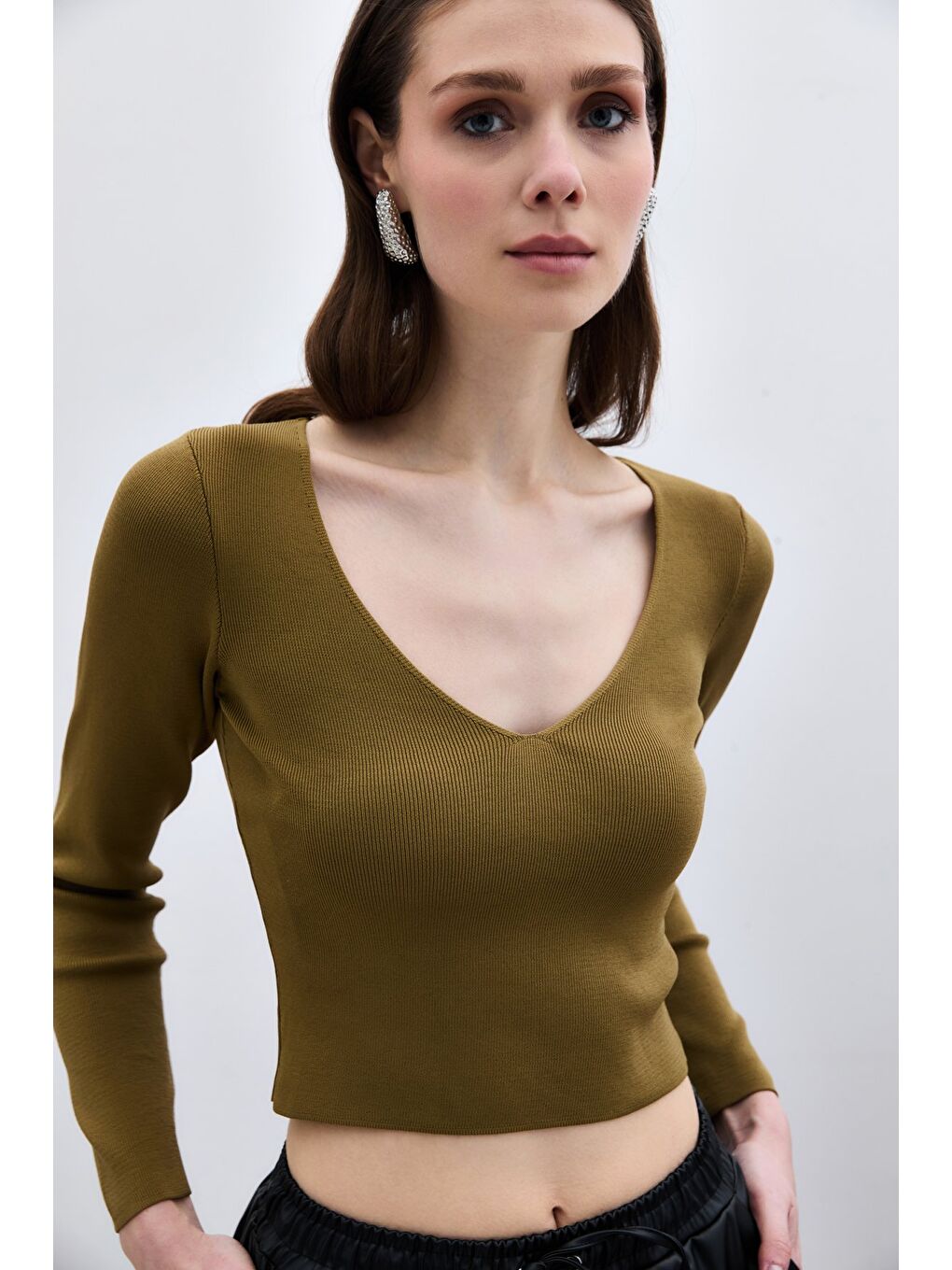 V Yaka Crop Triko - Küf Yeşili-4