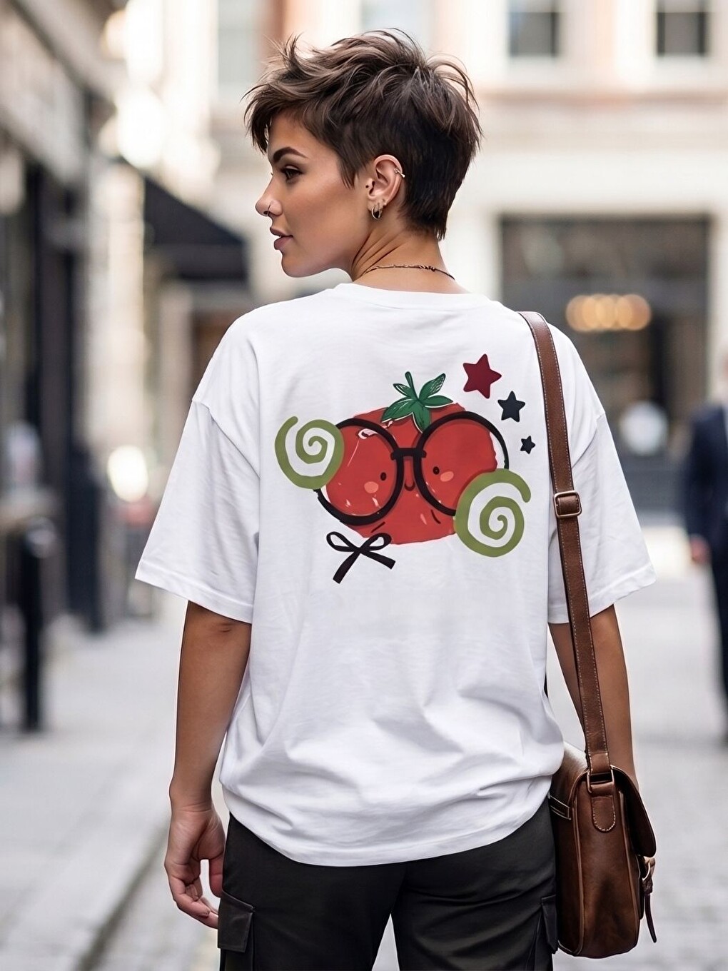 Kadın Apple2 Baskı Organik Pamuk Relaxed Fit Yuvarlak Yaka Tişört Beyaz