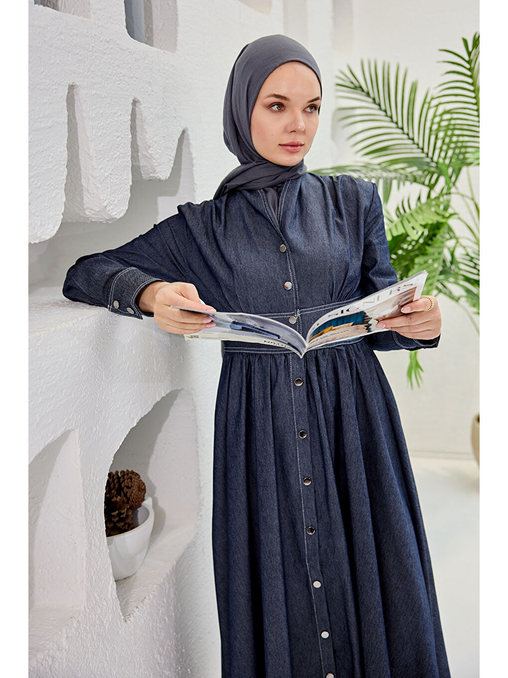 Kadın Kendinden Kemerli Jean Elbise  Mavi