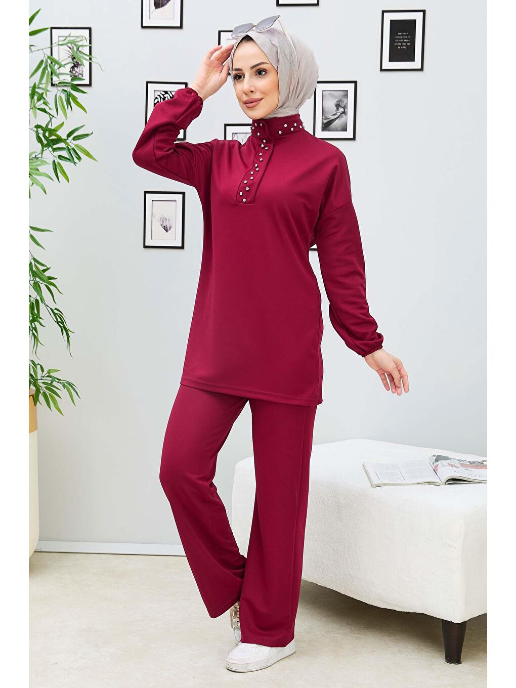 TOFİSA Hakim Yaka Kadın Bordo Tunik+Pantolon - 11338