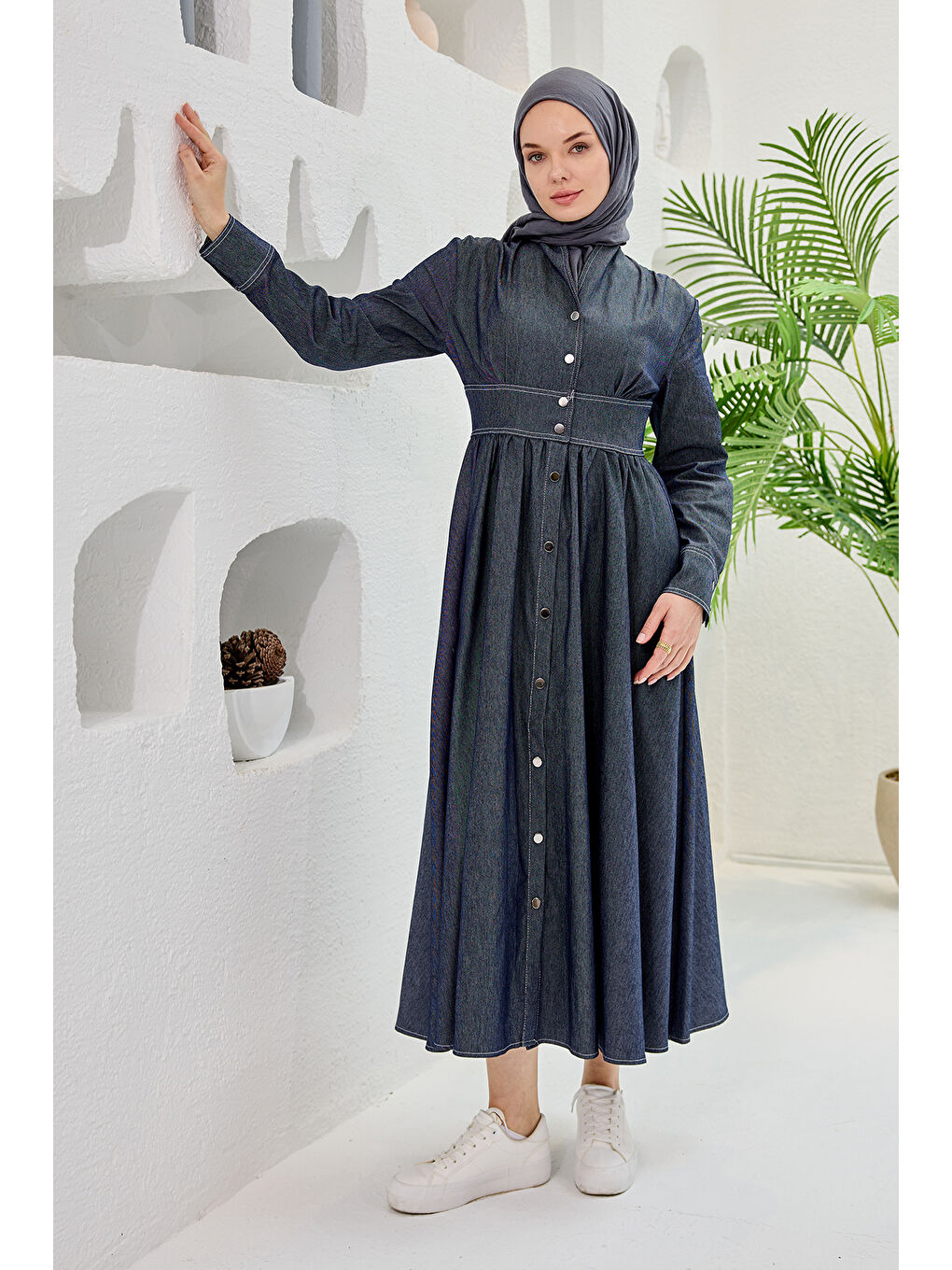 Kadın Kendinden Kemerli Jean Elbise  Mavi-1