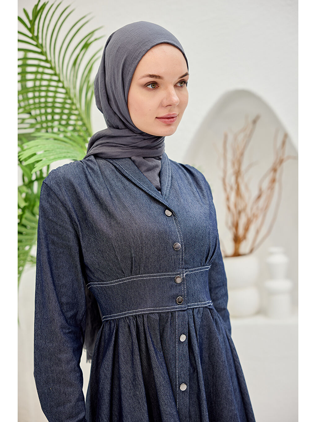 Kadın Kendinden Kemerli Jean Elbise  Mavi-2