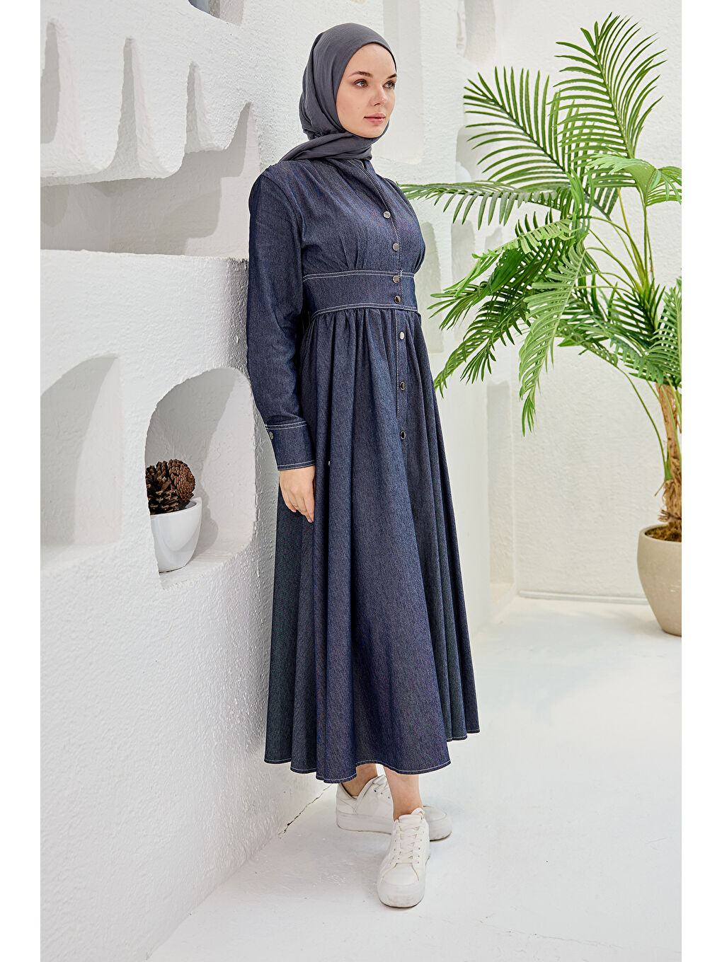 Kadın Kendinden Kemerli Jean Elbise  Mavi-3