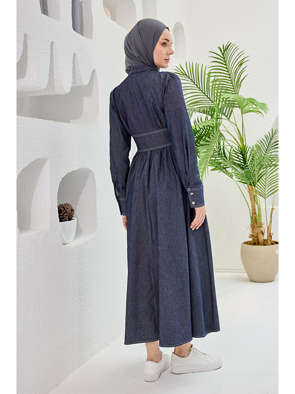 Kadın Kendinden Kemerli Jean Elbise  Mavi-4