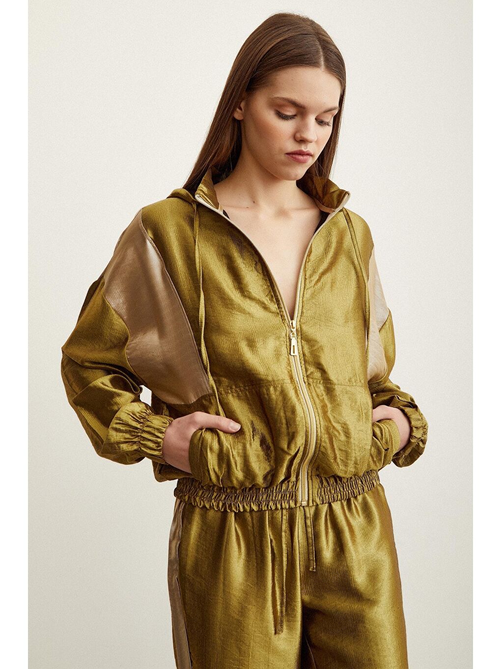 Yeşil Fermuarlı Garnili Sweatshirt