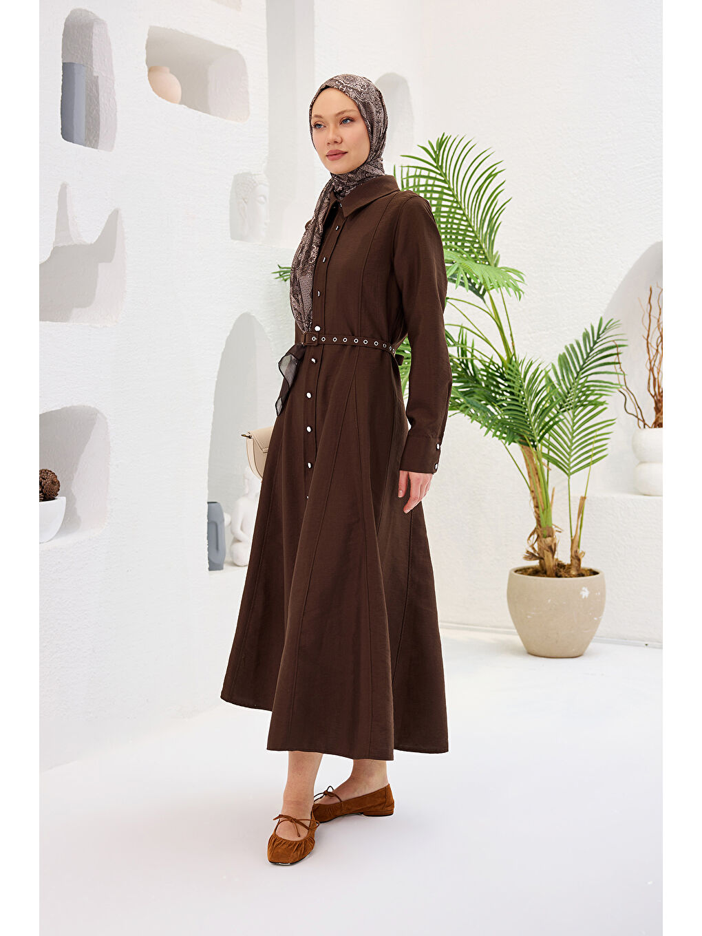 Kadın Dilimli Cupra Elbise Kahverengi-1