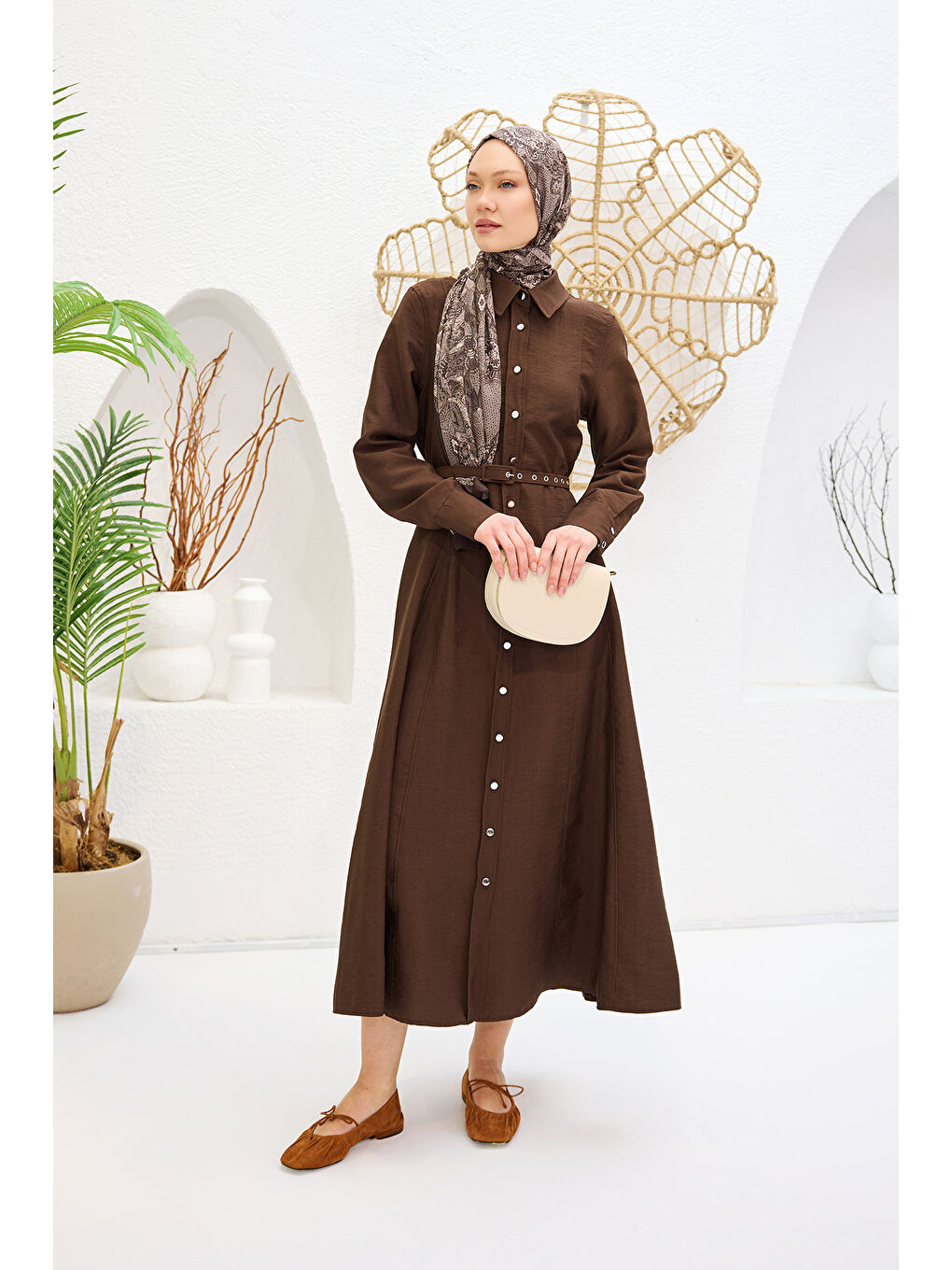 Kadın Dilimli Cupra Elbise Kahverengi-2