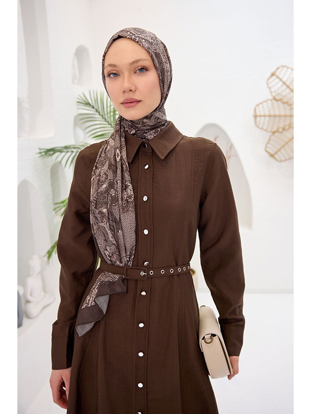 Kadın Dilimli Cupra Elbise Kahverengi-3