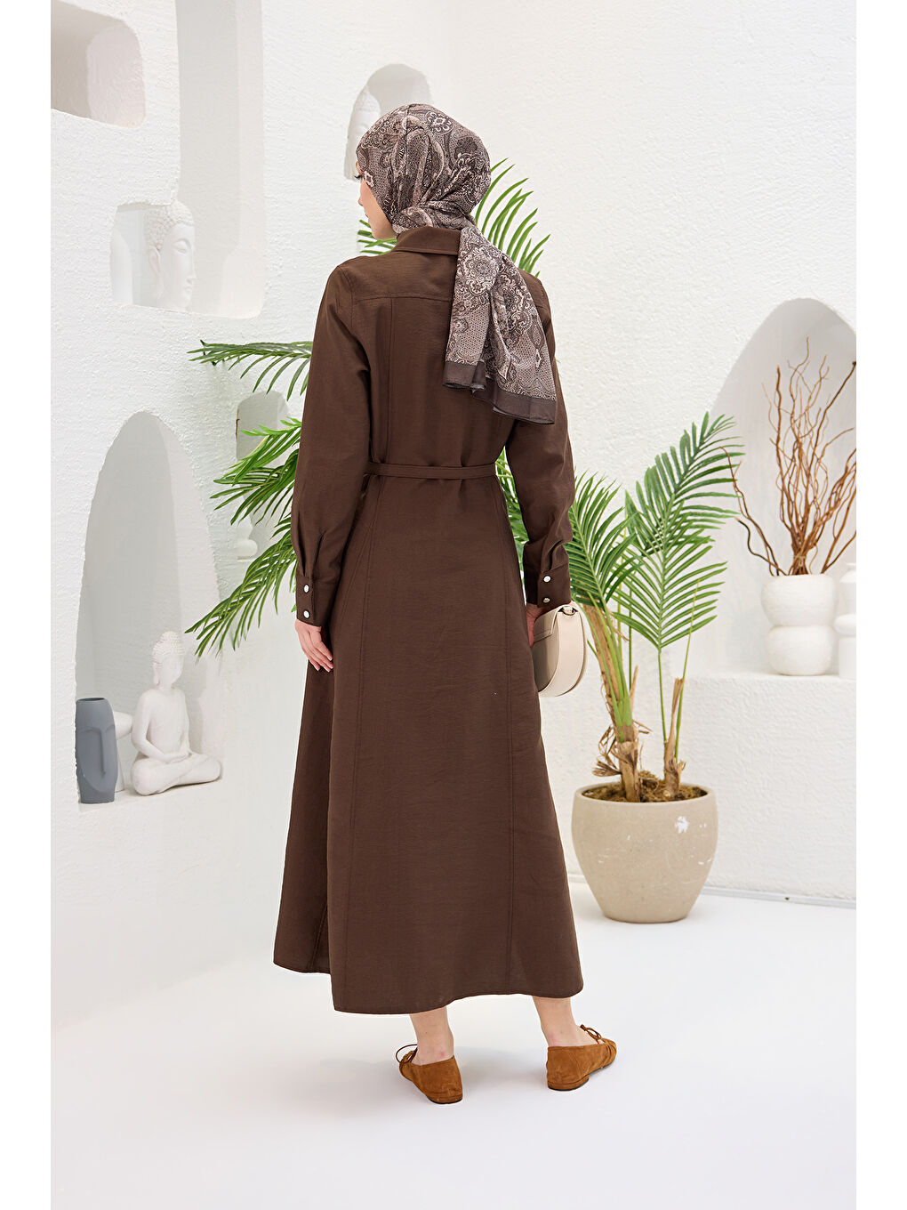 Kadın Dilimli Cupra Elbise Kahverengi-4