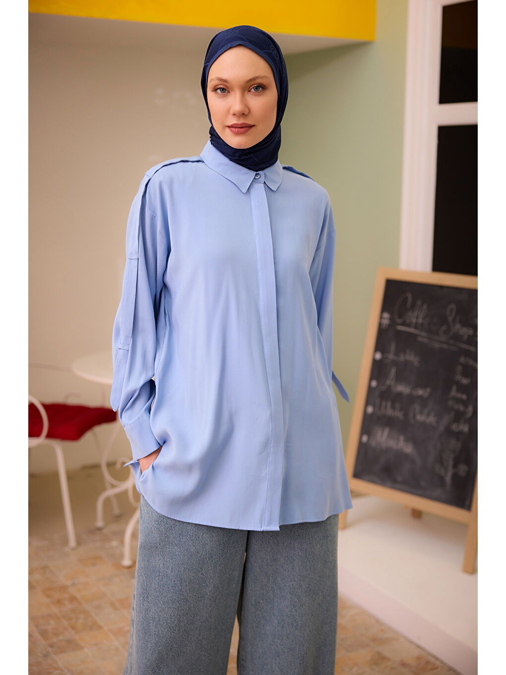 Kadın Kolu Apolet Detaylı Gömlek Mavi-1