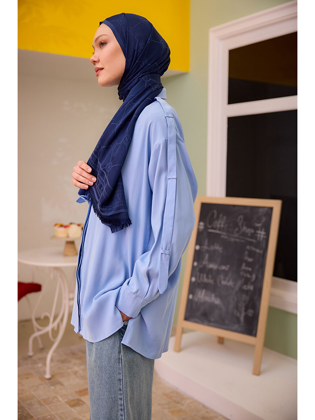 Kadın Kolu Apolet Detaylı Gömlek Mavi-2