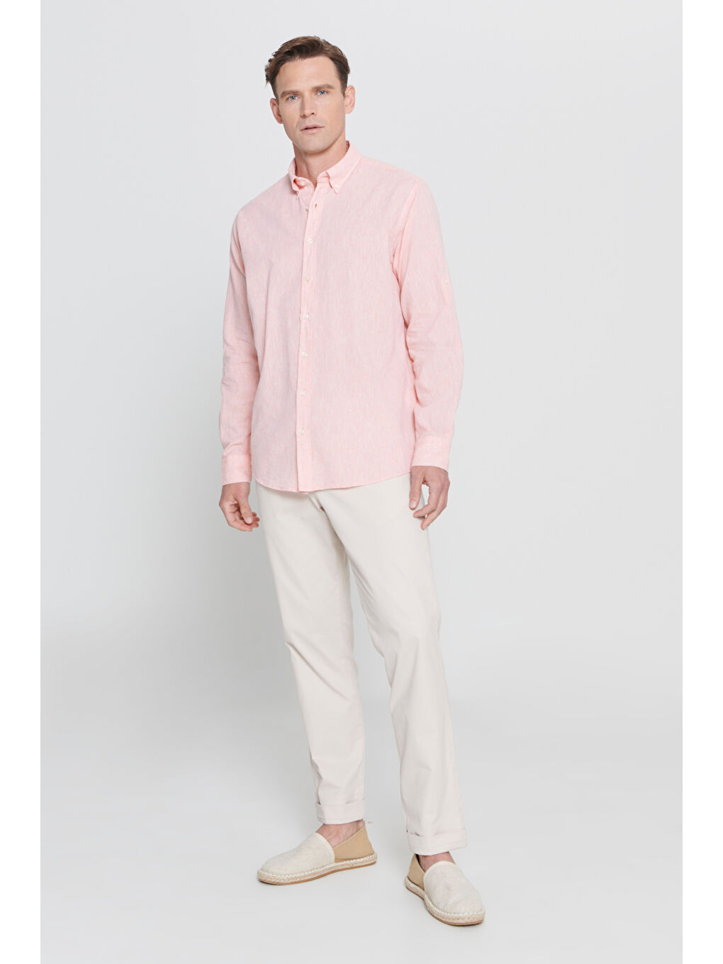 Turuncu Erkek Yavruağzı Comfort Fit Rahat Kesim Düğmeli Yaka Casual Keten Gömlek-1