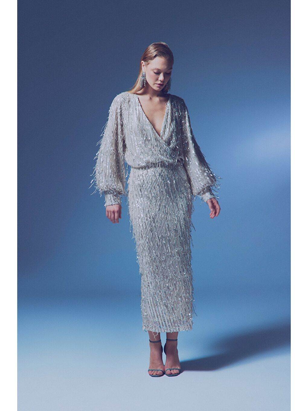 Uzun Payetli Etek - Bej-1