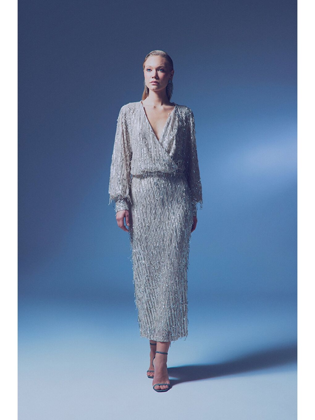 Uzun Payetli Etek - Bej-2