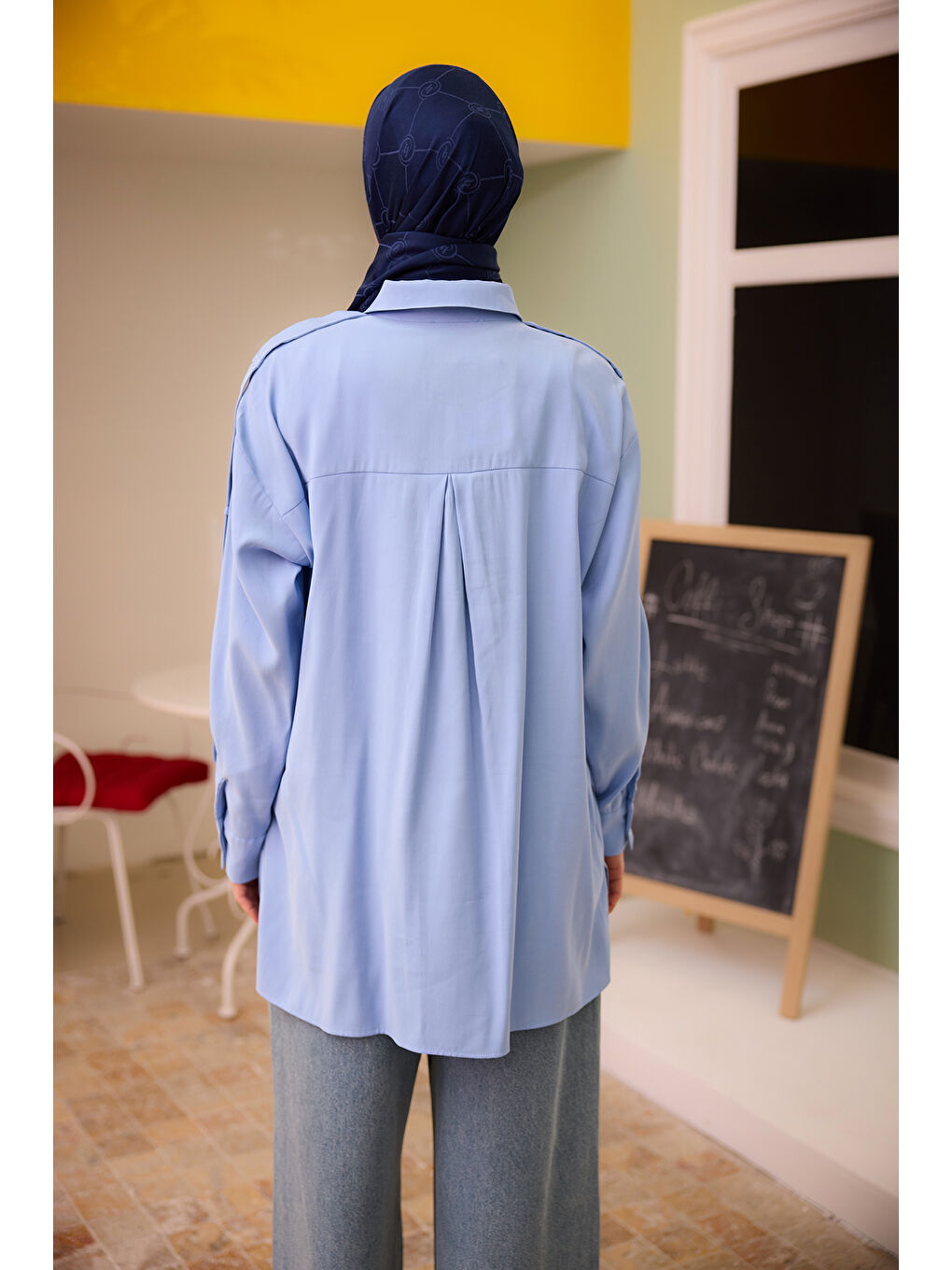 Kadın Kolu Apolet Detaylı Gömlek Mavi-3