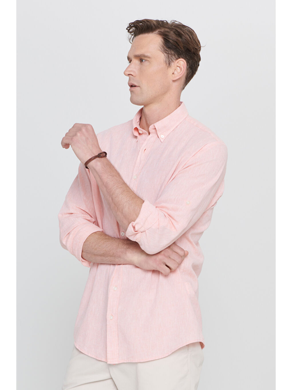 Turuncu Erkek Yavruağzı Comfort Fit Rahat Kesim Düğmeli Yaka Casual Keten Gömlek-3