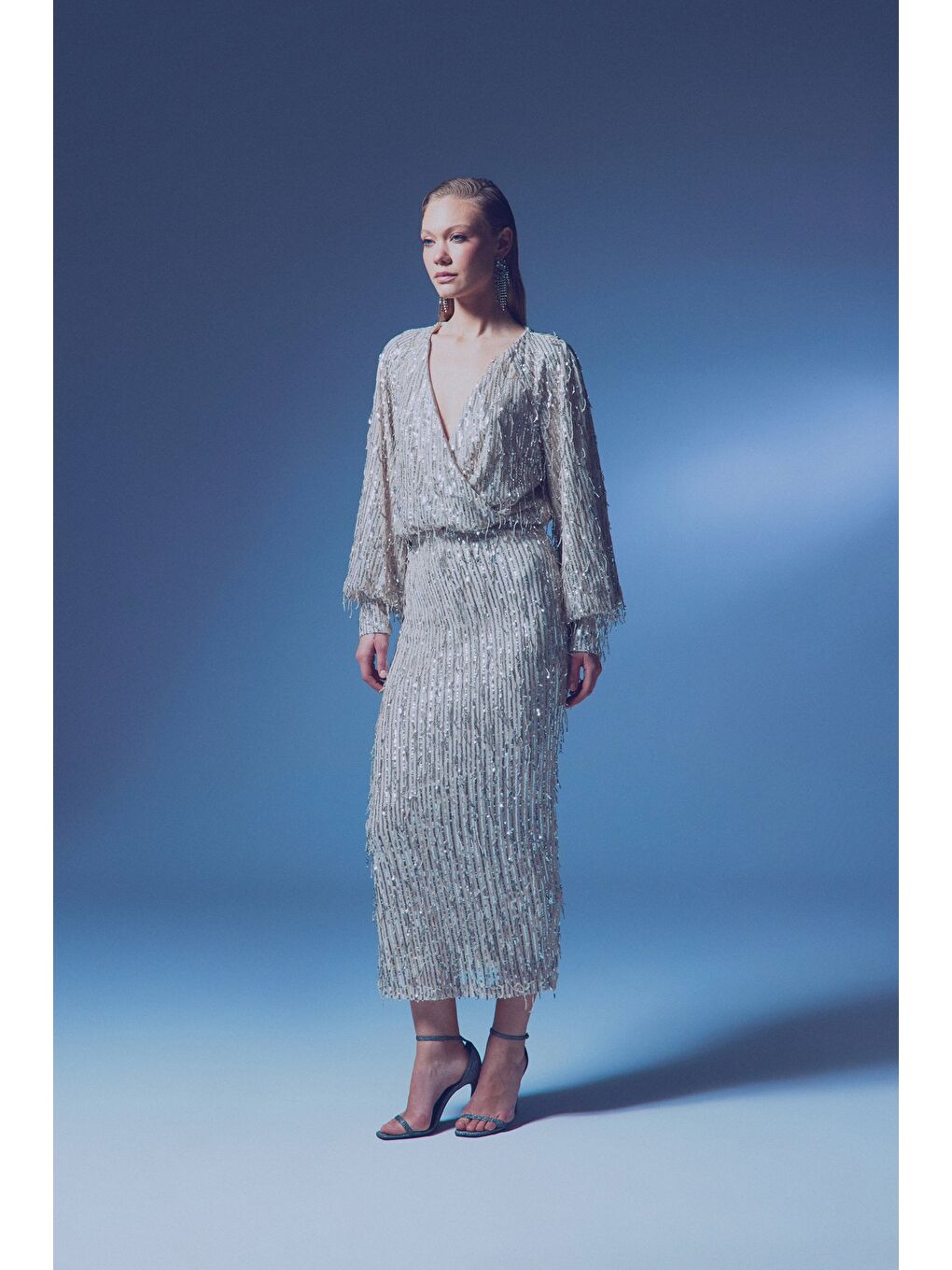 Uzun Payetli Etek - Bej-3