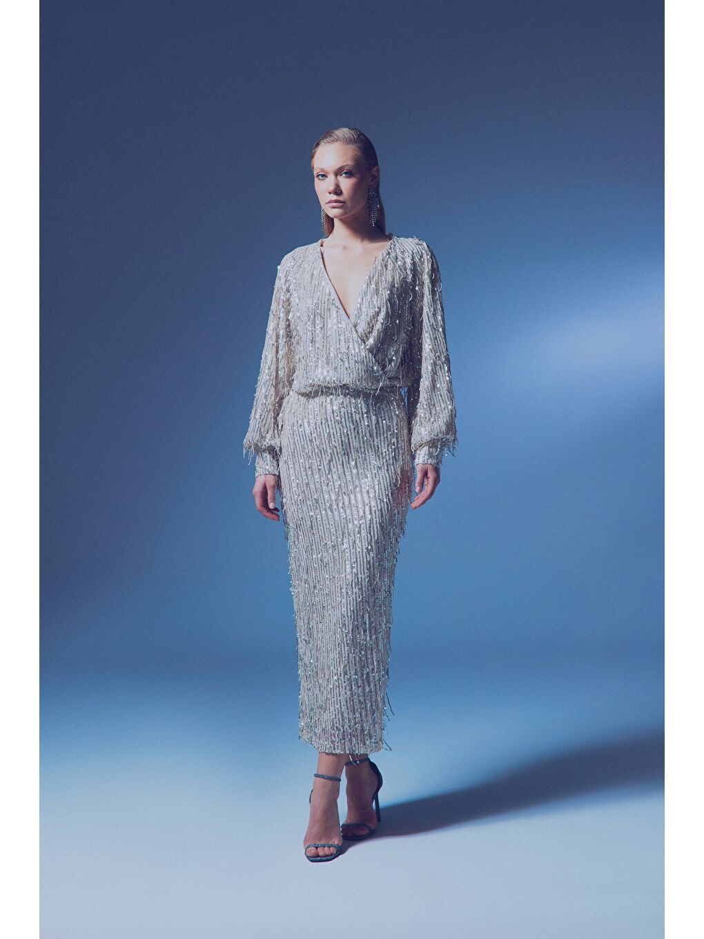 Uzun Payetli Etek - Bej-5