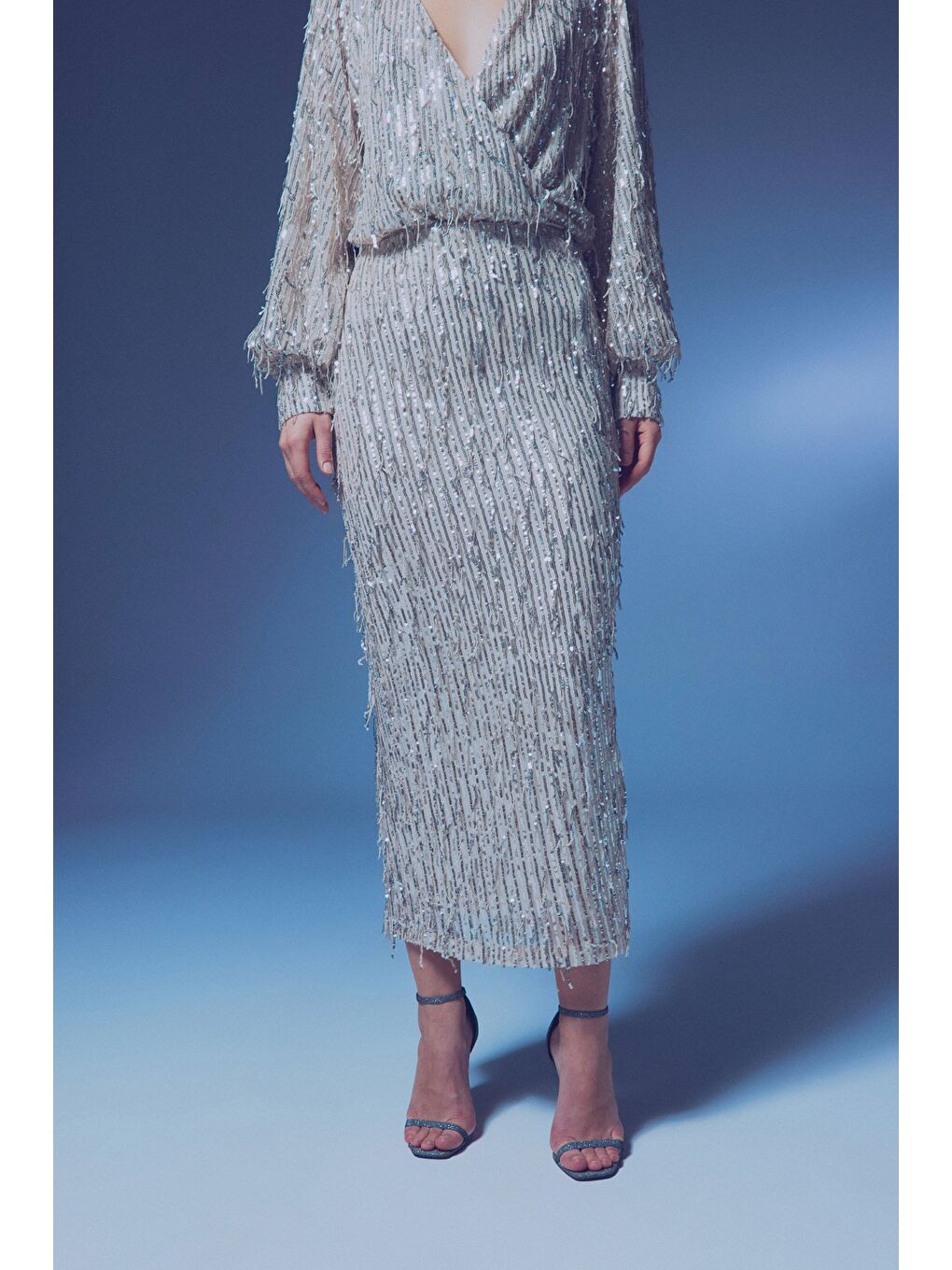 Uzun Payetli Etek - Bej-6