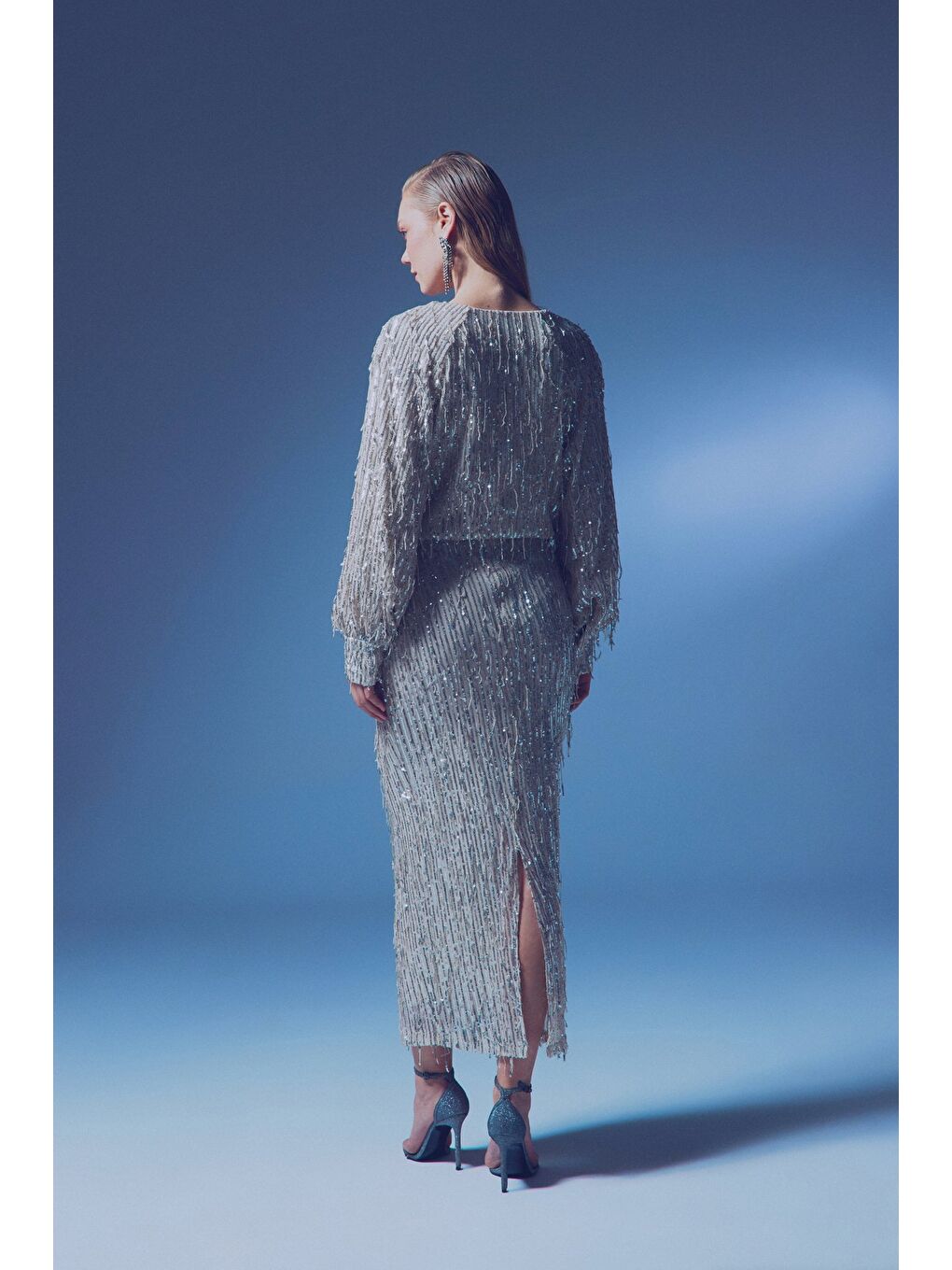 Uzun Payetli Etek - Bej-7