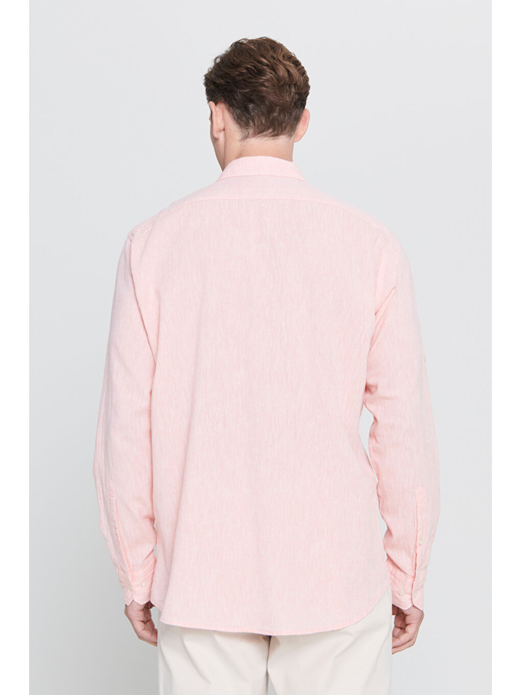 Turuncu Erkek Yavruağzı Comfort Fit Rahat Kesim Düğmeli Yaka Casual Keten Gömlek-6