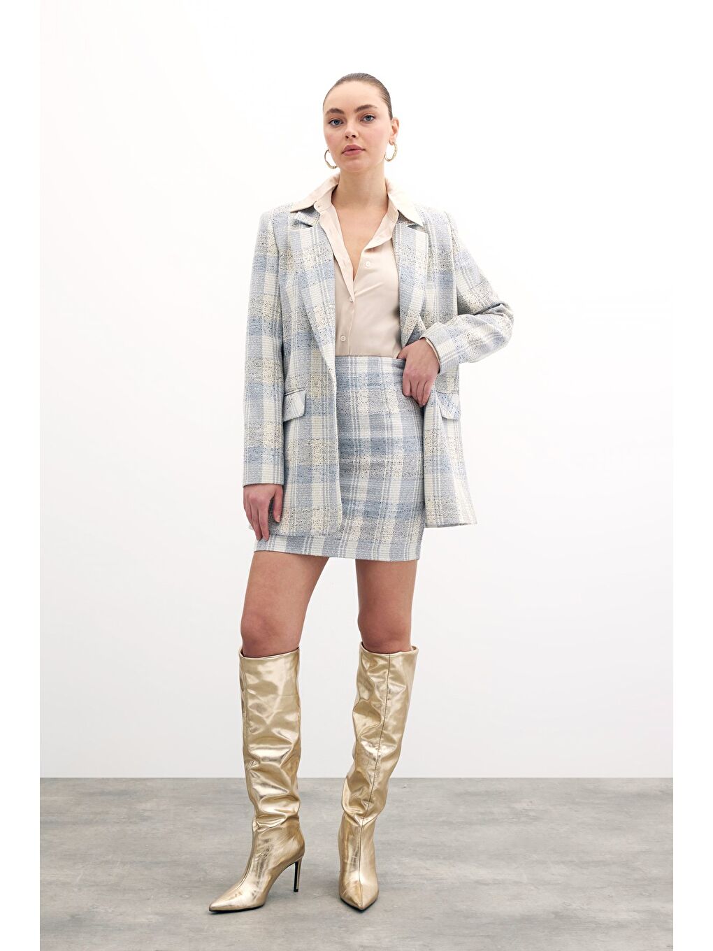 Kare Desen Mini Etek - Mavi