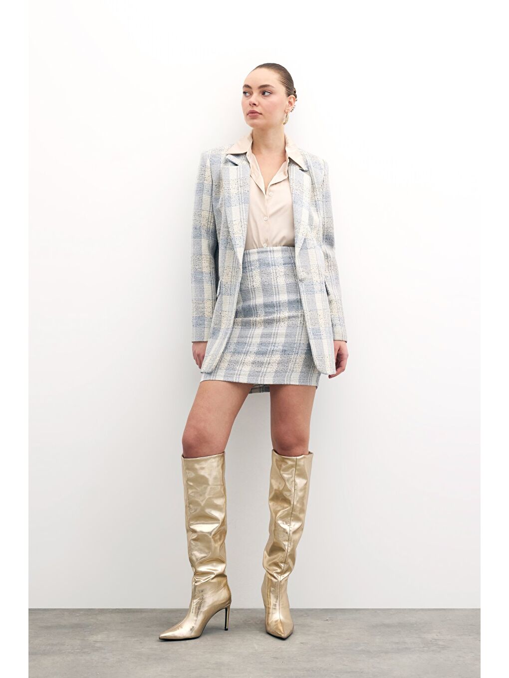 Kare Desen Mini Etek - Mavi-1