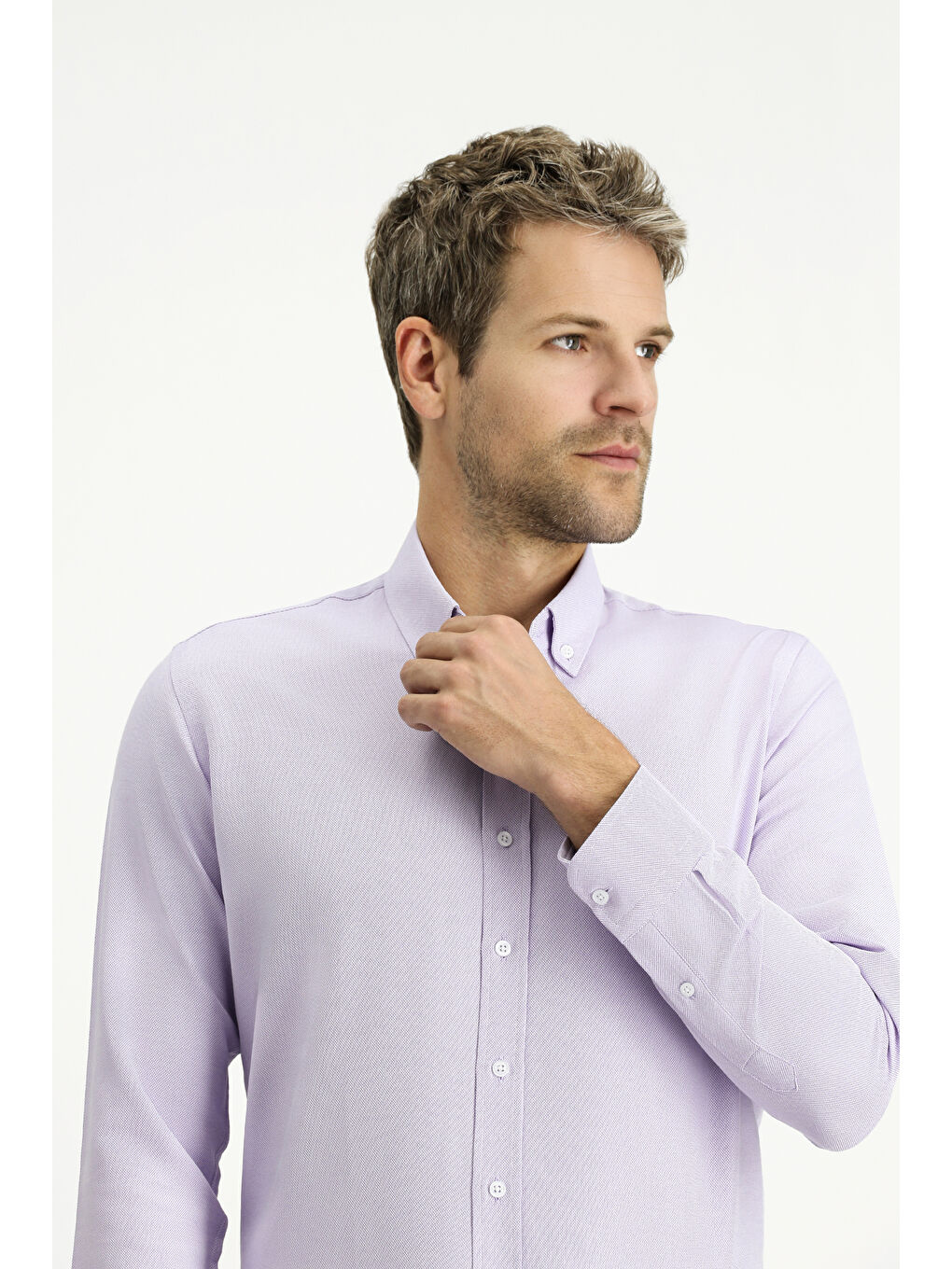 Lila Uzun Kol Slim Fit Düğmeli Yaka Oxford Pamuklu Kolay Ütülenebilir Büyük Beden Gömlek