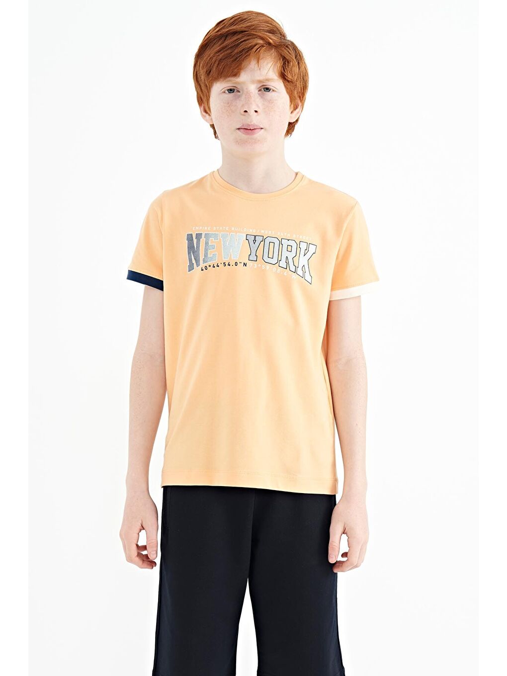 Turuncu Kavun Içi Yazı Baskılı Standart Kalıp O Yaka Erkek  Çocuk Tişört - 11105