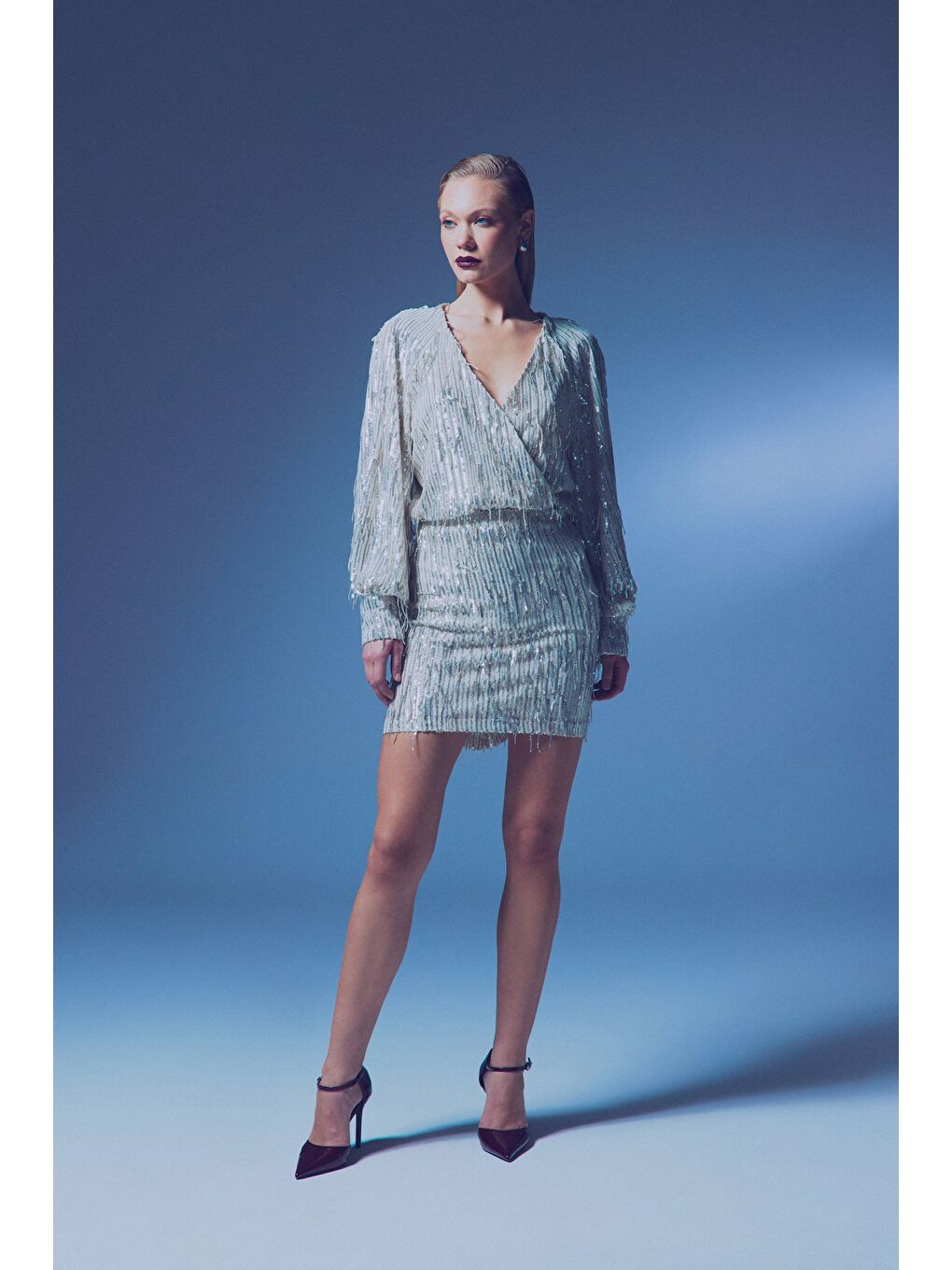 Gri Payet Detaylı Mini Etek - Gümüş