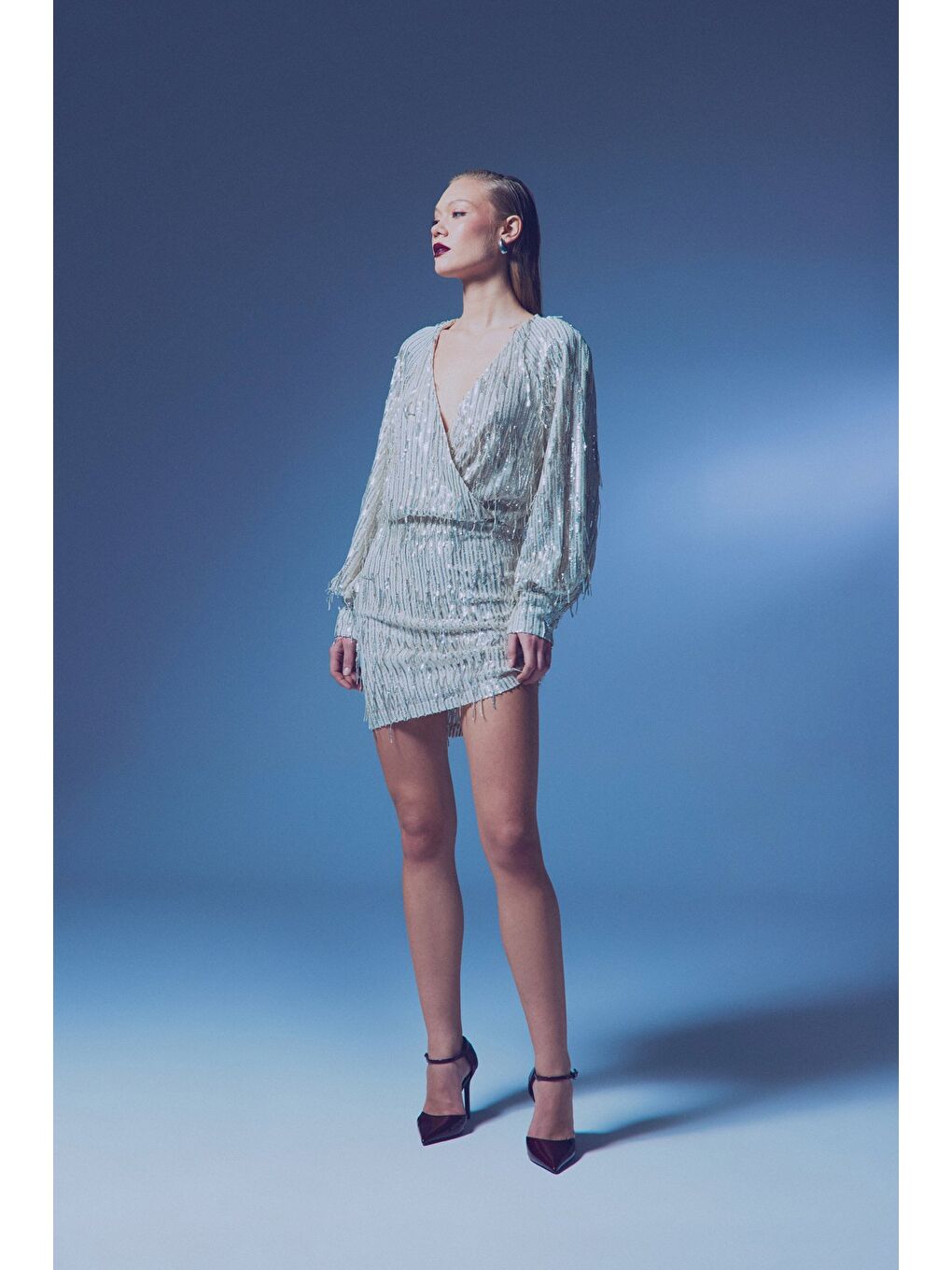 Gri Payet Detaylı Mini Etek - Gümüş-1