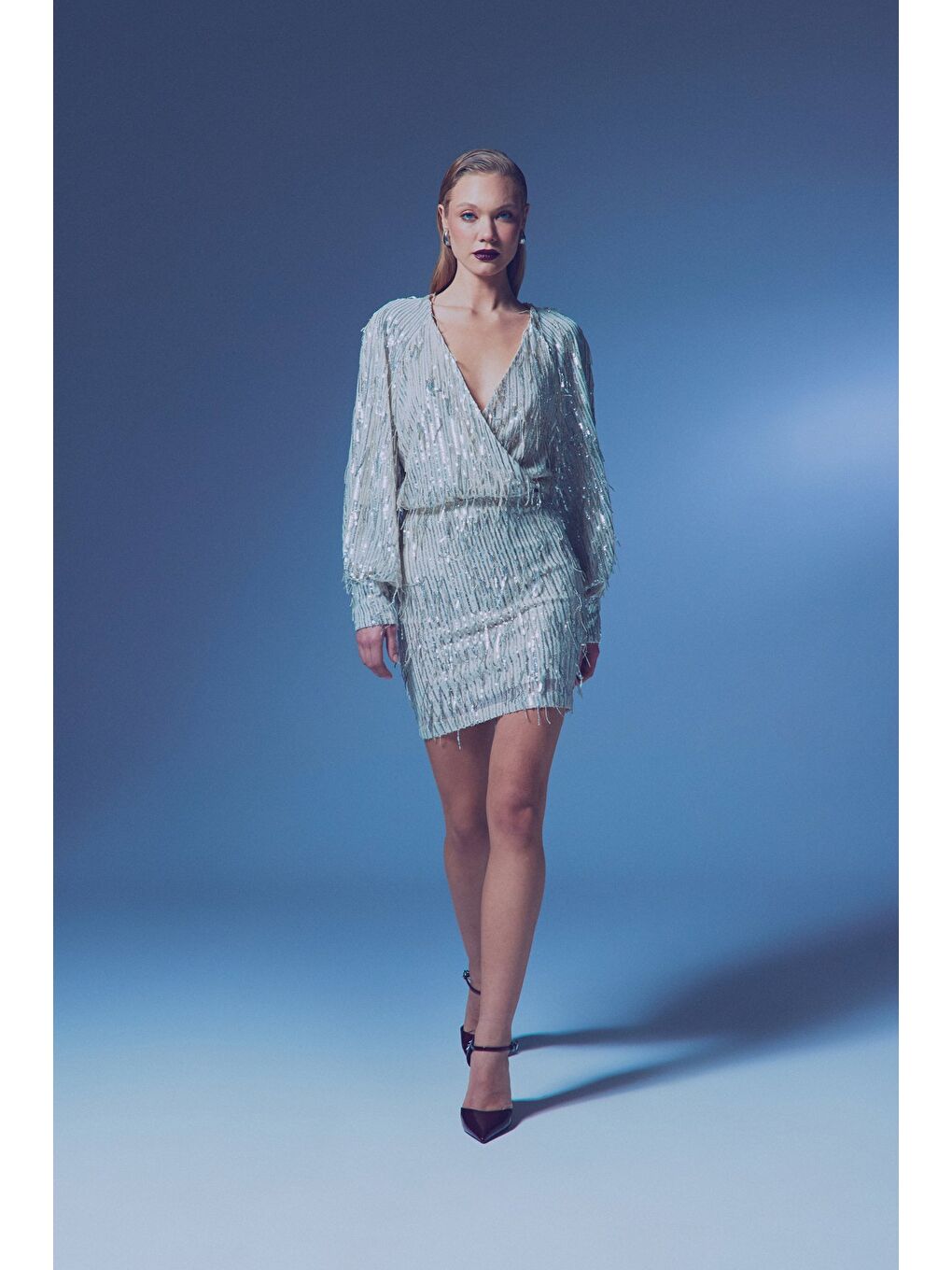 Gri Payet Detaylı Mini Etek - Gümüş-2