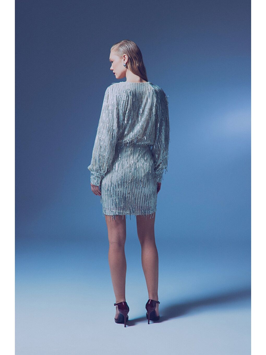 Gri Payet Detaylı Mini Etek - Gümüş-6